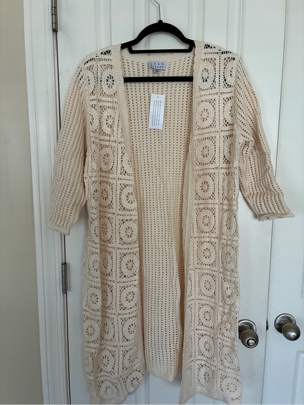 Joan Rivers Cream Crochet Open-Front Long Cardigan